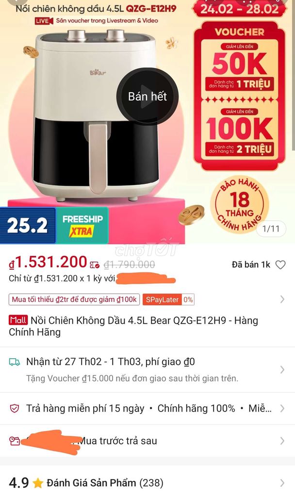 Nồi Chiên Ko Dầu Chính Hãng Bear 4.5l|Gầ Aeon Mall