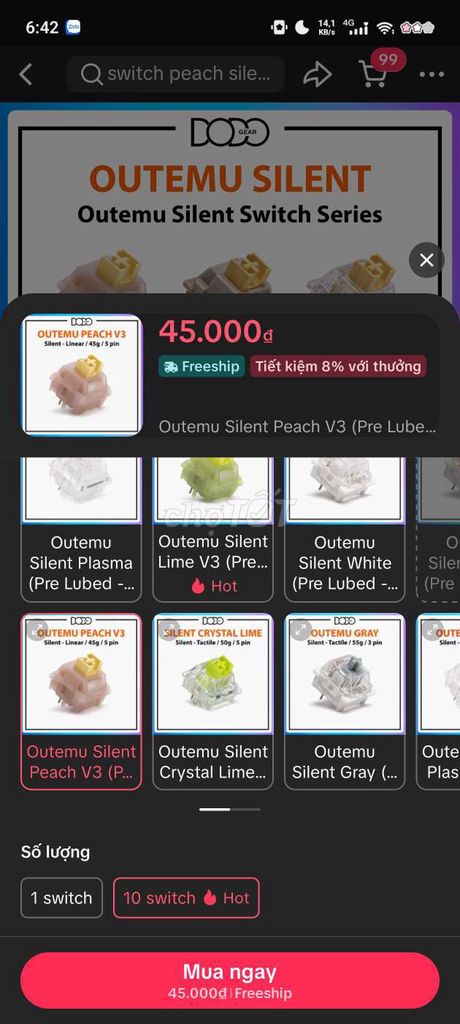 Switch "im lặng" Outemu Silent Peach V3. Mua bán Phụ kiện (Màn hình, Chuột...) tại Quận 10 Tp Hồ Chí Minh được đăng bởi Nguyễn Hưng hình 1