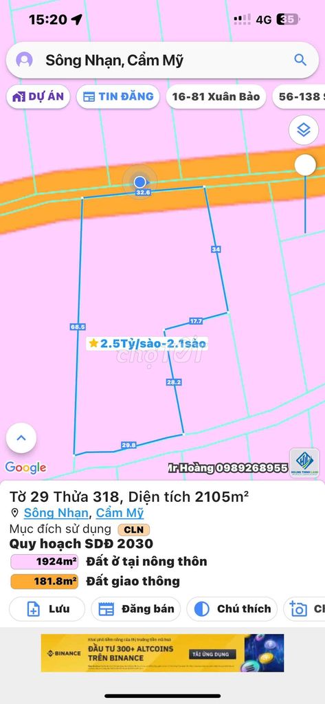 2100m2 Đất 2 mặt tiền đường trước sau ấp 6 xã Sông Nhạn