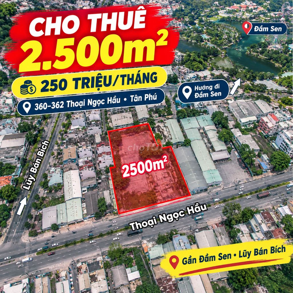 Cho thuê lô đất 2500m2 Quận Tân Phú giá 250tr/tháng (gần Đầm Sen)