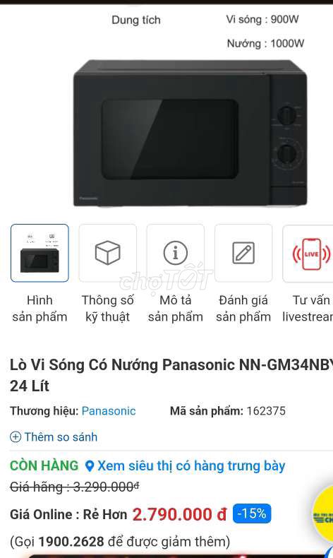 Lò vi sóng Panasonic GM34NB hàng mới fullbox bh12t