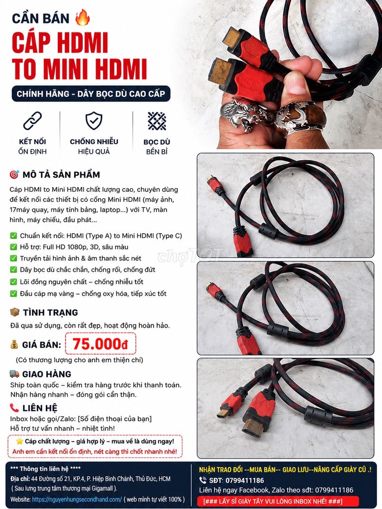 92.1762 Cable HDMI sang Mini HDMI.. Mua bán Phụ kiện (Màn hình, Chuột...) tại Thành phố Thủ Đức Tp Hồ Chí Minh được đăng bởi Nguyễn Hưng Secondhand hình 1