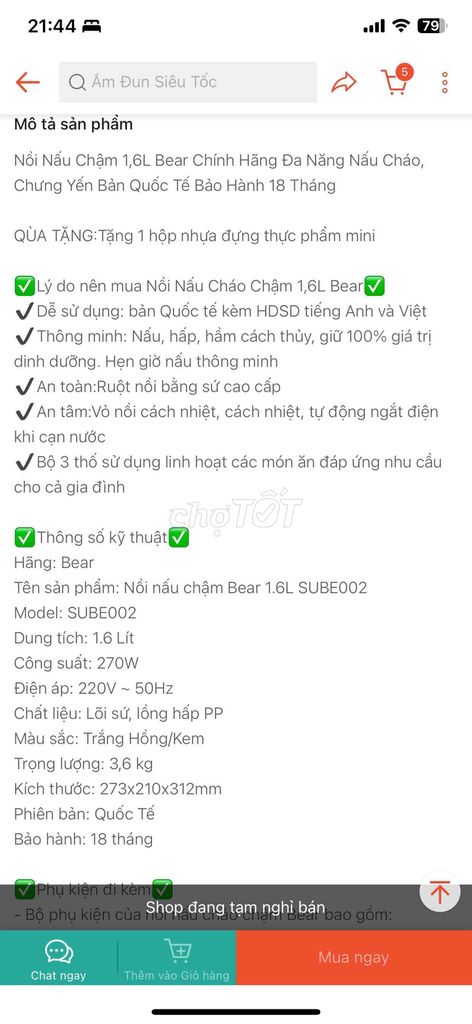 pass nồi nấu chậm Bear 1,6L zin 98%