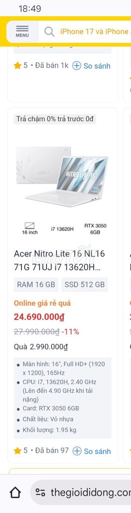Acer Nitro Lite 16 NL16 i7 16 inch 16GB/512GB. Mua bán Laptop tại Huyện Long Điền Bà Rịa - Vũng Tàu được đăng bởi Cần Bán Laptop  nhanh và gấp hình 1