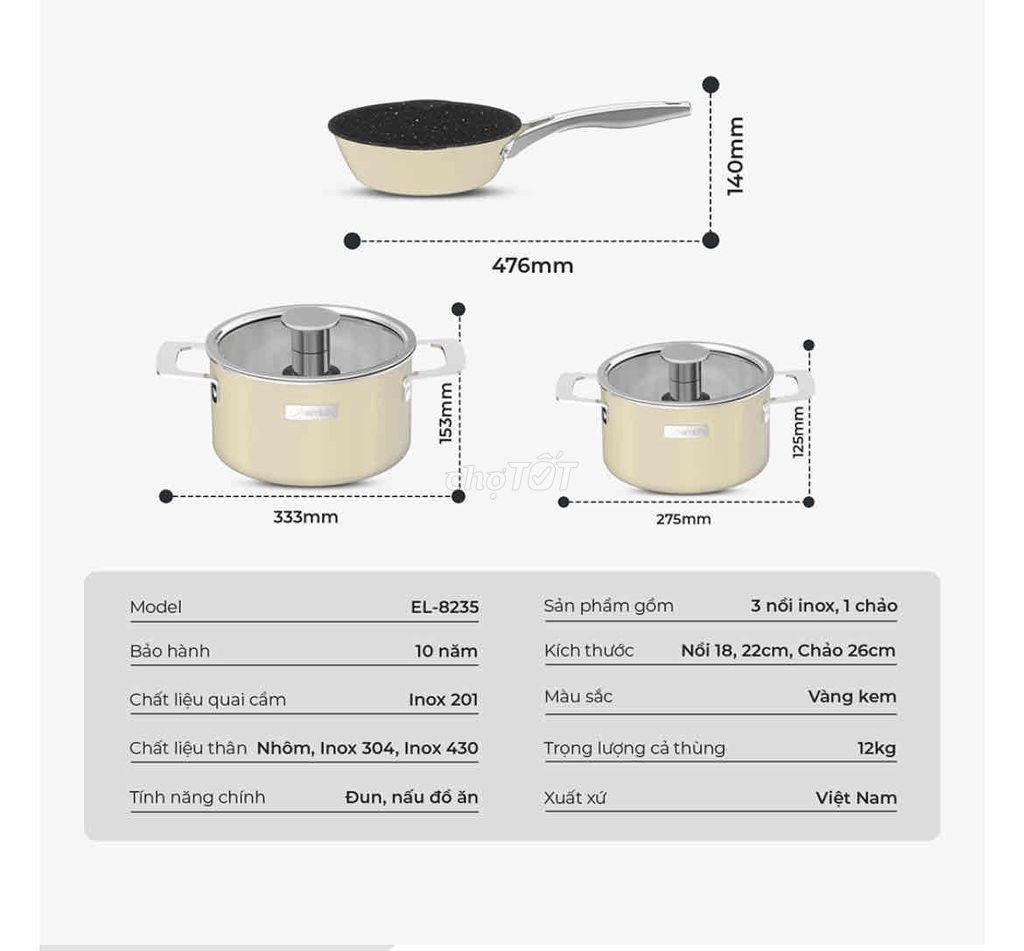 Bộ nồi Inox liền khối Elmich Hera mới 100%