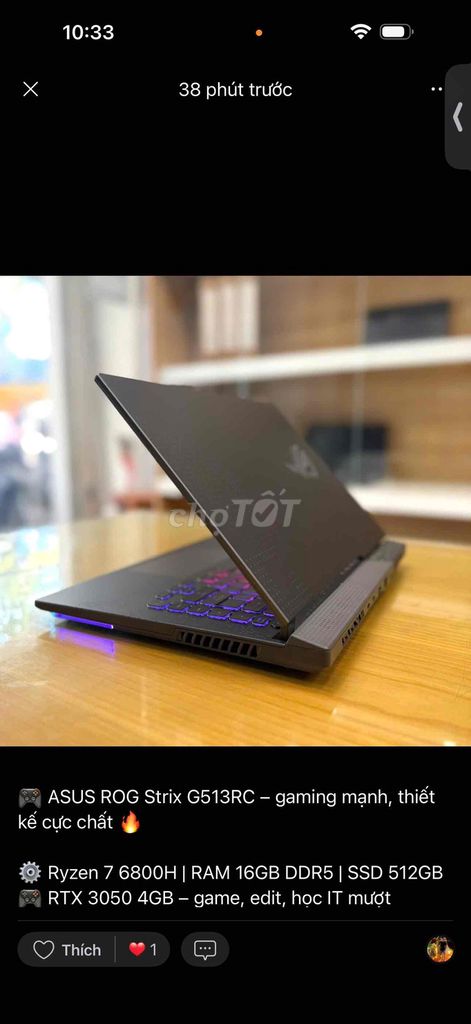 ASUS ROG Strix G513RC Ryzen 7 15.6 inch 16GB/512GB. Mua bán Laptop tại Thành phố Biên Hòa Đồng Nai được đăng bởi TRƯƠNG HUY HOÀNG hình 1