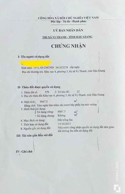 Đất nông nghiệp sổ đỏ 8867.3m2 quốc lộ 61C Tp Vị Thanh, Hậu Giang. Mua bán đất tại Thành phố Vị Thanh Hậu Giang được đăng bởi Hồ Thị Diễm My