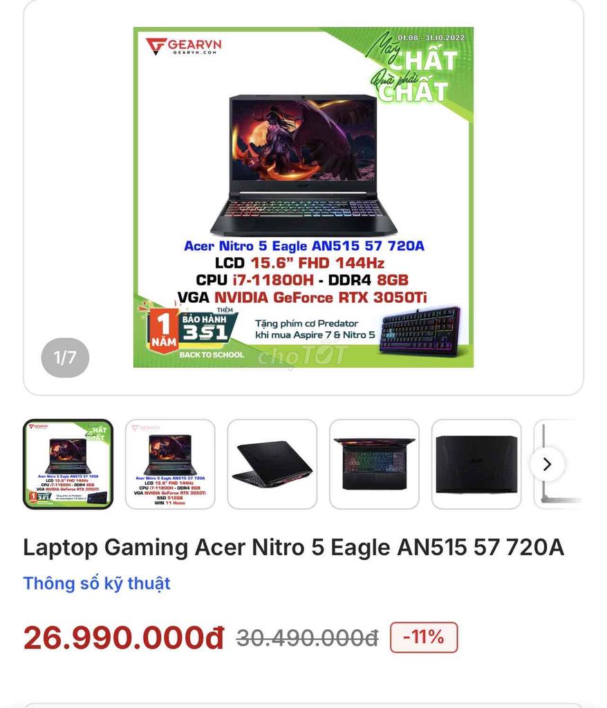 Acer Nitro 5 Eagle i7-11800H 15 inch 16GB/512GB. Mua bán Laptop tại Quận 12 Tp Hồ Chí Minh được đăng bởi Trần Minh Tuân hình 1