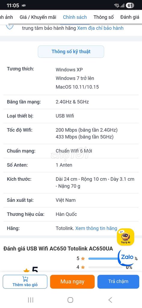 USB Wifi Totolink AC650UA. Mua bán Phụ kiện (Màn hình, Chuột...) tại Thành phố Pleiku Gia Lai được đăng bởi Đạt Nguyễn Phạm Tuấn hình 1