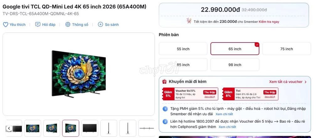 Tivi TCL 65A400M 4K QD-Mini LED 2026. Mua bán Tivi, Âm thanh tại Quận 1 Tp Hồ Chí Minh được đăng bởi nobi tano hình 1