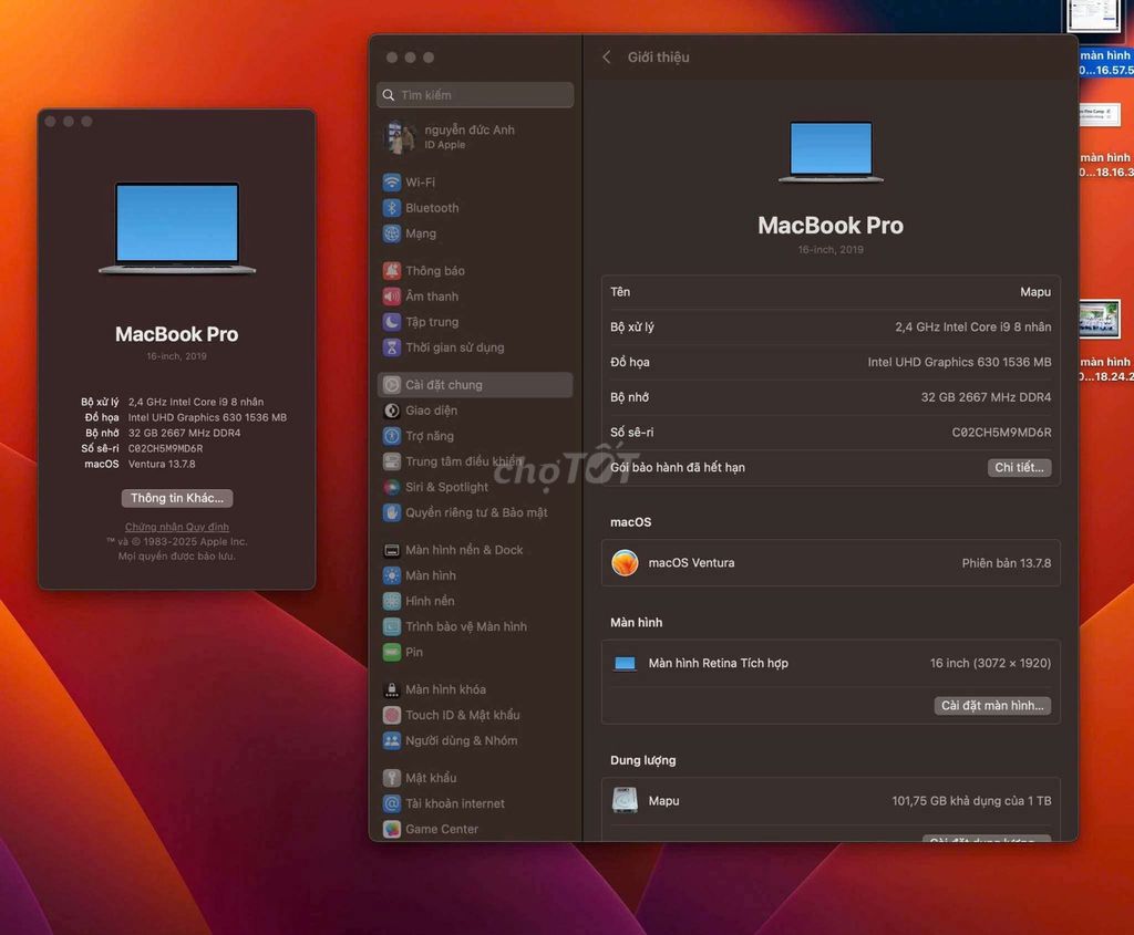 Apple MacBook Pro 2019 i9 16 inch 32GB/1TB Bạc. Mua bán Laptop tại Huyện Chương Mỹ Hà Nội được đăng bởi Nguyễn Minh hình 1
