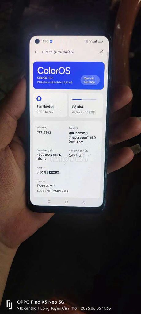 OPPO Reno 7.ram 8+8/128G main zin màn zin có NFC. Mua bán Điện thoại tại Quận Bình Thuỷ Cần Thơ được đăng bởi cầu rạch súc 91b Nguyễn Văn Linh  hình 1