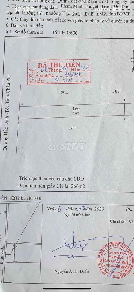 CẦN BÁN MT HDTT 5,5x48m 266m2 Hắc dịch phú mỹ