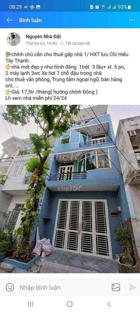 CHO THUÊ NHÀ 5X16M 3 LẦU 5PN .HXT LƯU CHÍ HIẾU