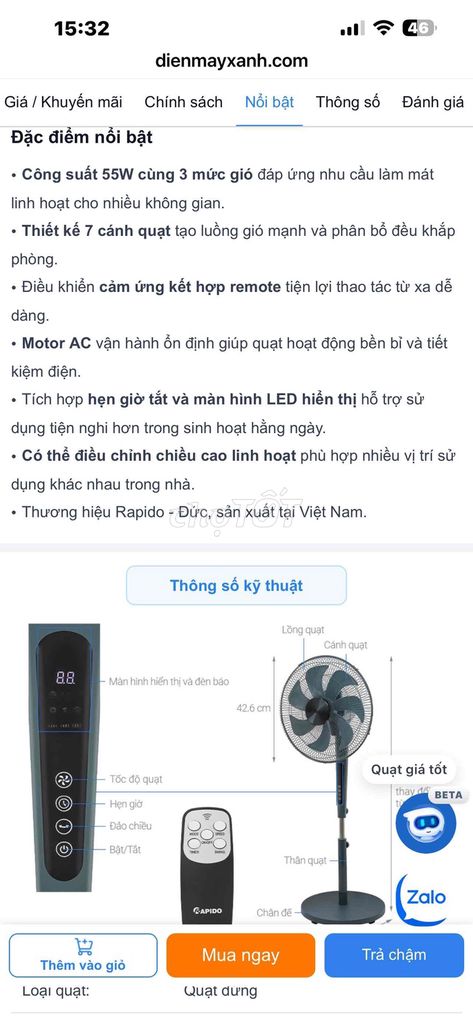 Quạt đứng Rapido RWF-45SGD Việt Nam. Mua bán Quạt tại Thị xã Điện Bàn Quảng Nam được đăng bởi Lê hình 1