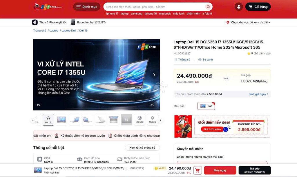 Dell Inspiron 15 DC15250 i7-1355U 16GB/512GB Like New. Mua bán Laptop tại Quận 10 Tp Hồ Chí Minh được đăng bởi Hội Đồ Điện Tử hình 1
