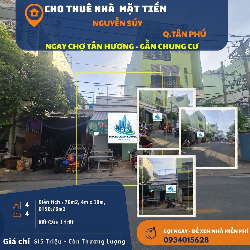 Cho thuê nhà mặt tiền Nguyễn Súy 76m2, 15Triệu - ngay CHỢ TÂN HƯƠNG