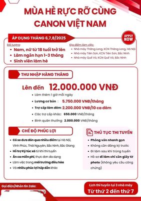 Công ty Canon Tiên Sơn Tuyển Dụng Công Nhân