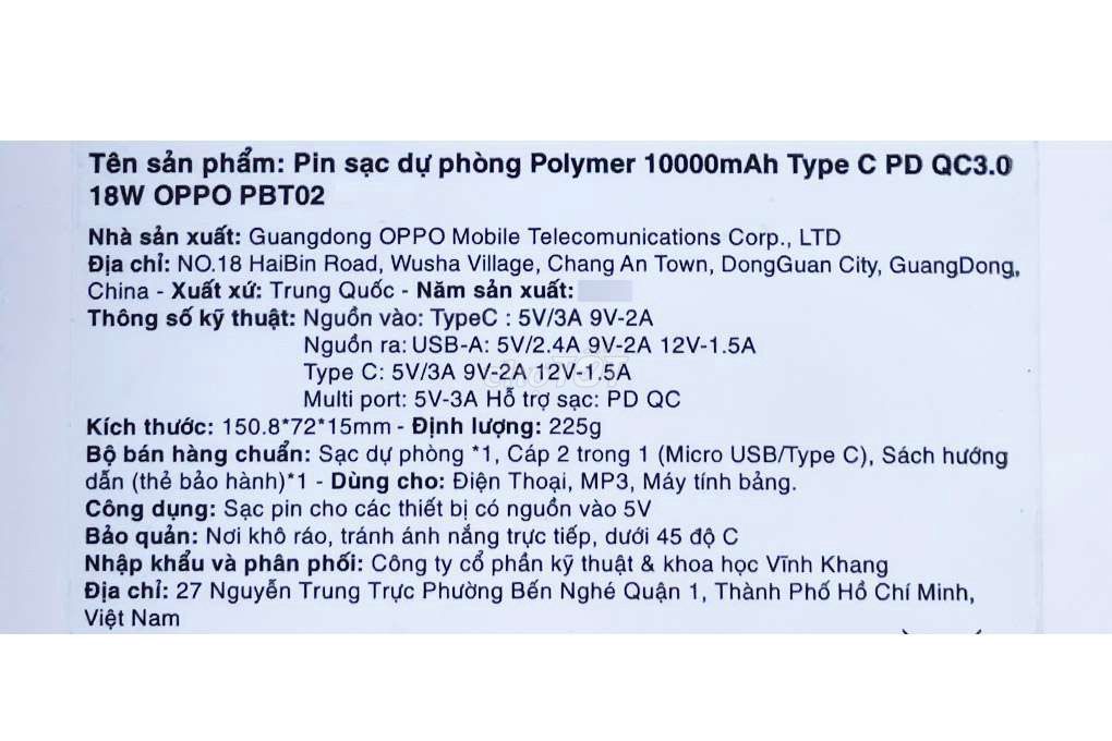 Sạc dự phòng Oppo 10.000mAh Tybe-C PD QC3.0 18W