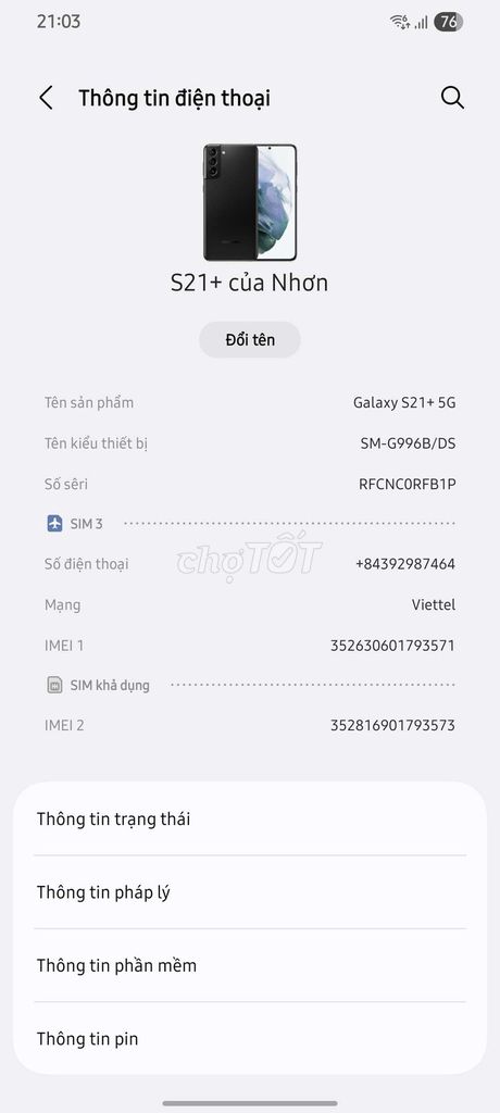 Samsung S21+ 8GB/128GB Đen. Mua bán Điện thoại tại Quận Gò Vấp Tp Hồ Chí Minh được đăng bởi Văn Thành Nhơn hình 1