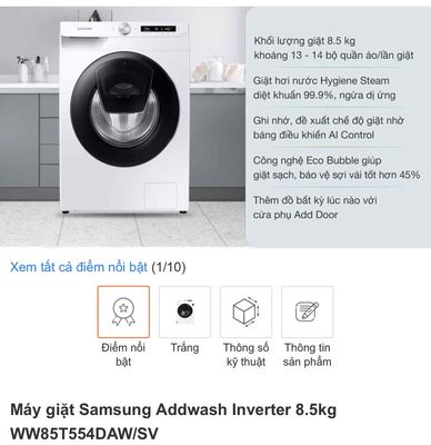 Máy giặt Samsung Addwash Inverter 8.5kg WW85T554DA