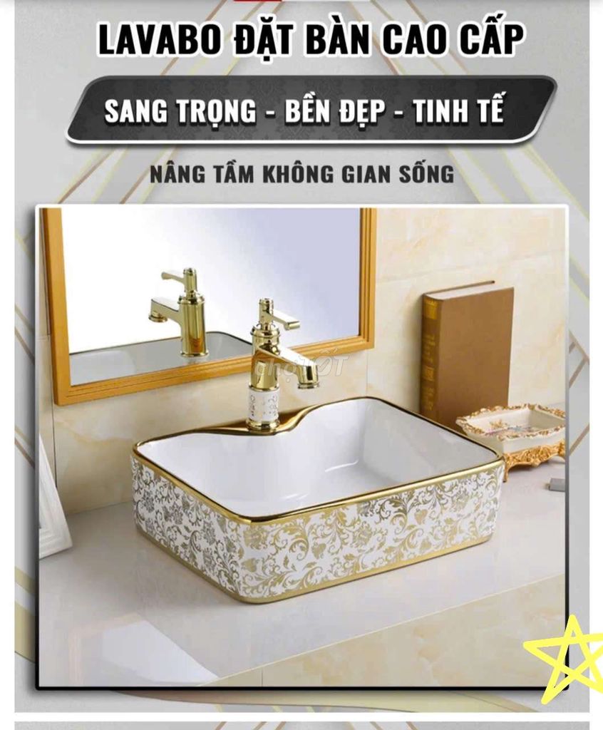 Lavabo Đặt Bàn Vuông Hoa Văn Vàng BC1001