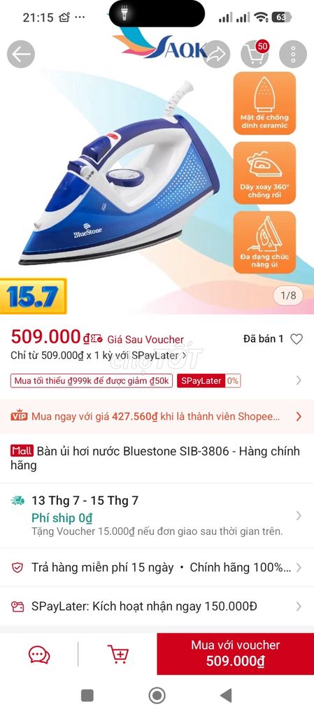 Bàn ủi hơi nước Bluestone SIB-3806 Xanh dương. Mua bán Nội thất, đồ gia dụng khác tại Thị xã Phước Long Bình Phước được đăng bởi Lê Thị Bích Hiền hình 1