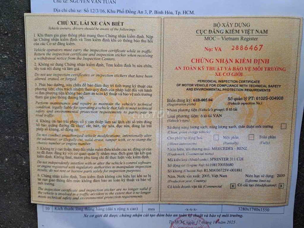 Mercedes Sprinter đời 2005 3 chỗ/940kg. Mua bán Ô tô tại Quận 12 Tp Hồ Chí Minh được đăng bởi A Kha hình 8