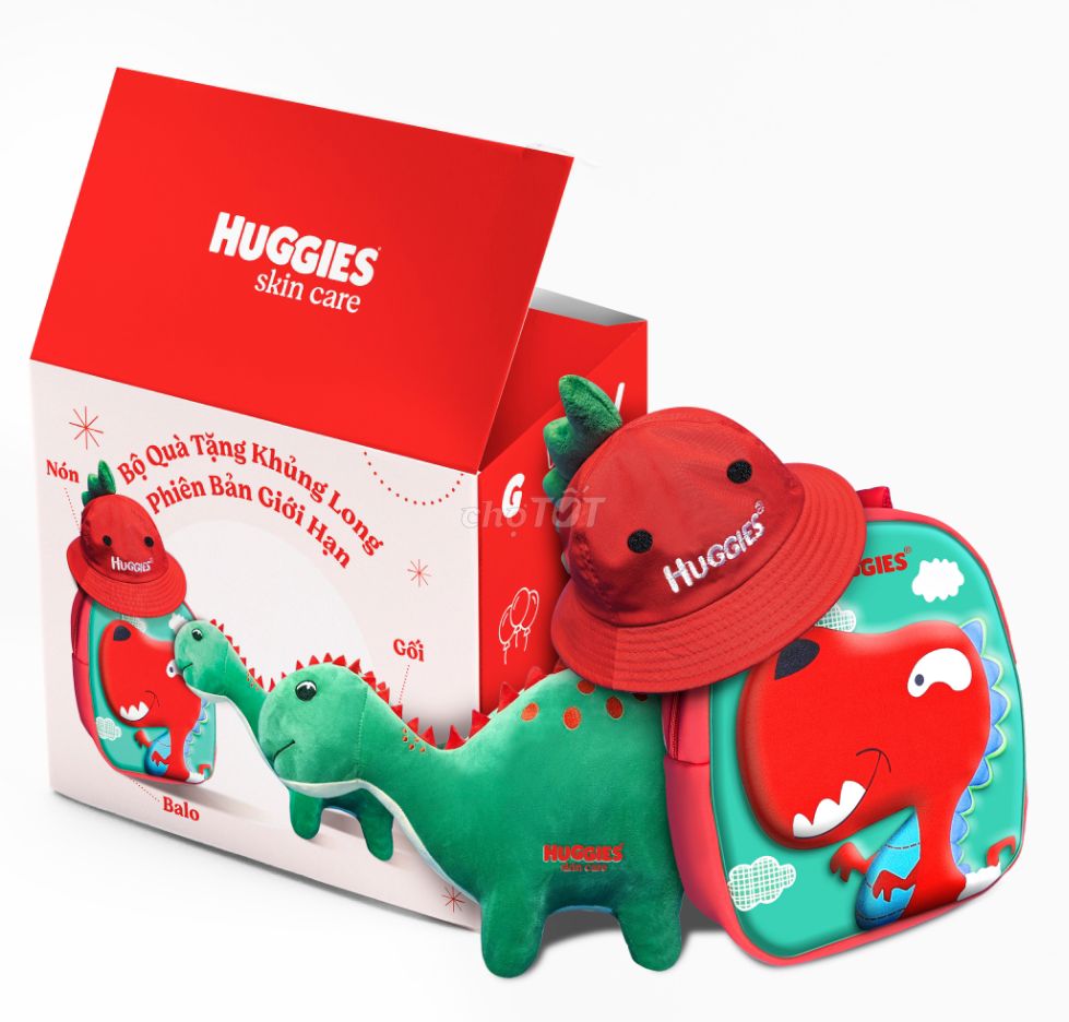 Hộp quà Huggies 3 món Mũ,Balo,Thú bông khủng long
