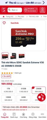 Thẻ nhớ chính hãng Sandisk Extreme Pro 256 Gb.
