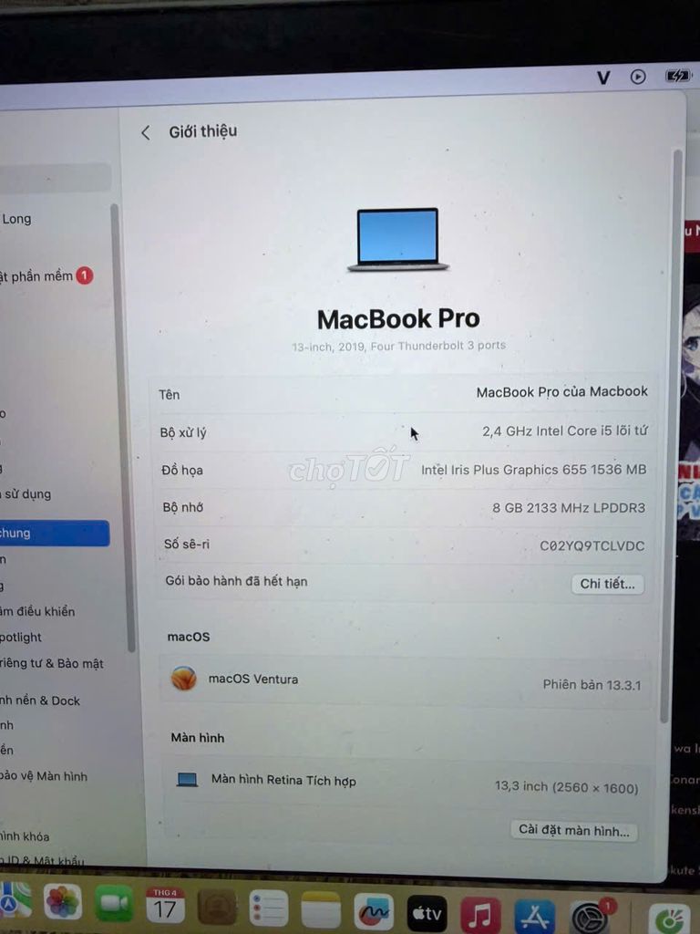 Bán lại MacBook Pro i5 2019 Hình thức còn như mới. Mua bán Laptop tại Huyện Chương Mỹ Hà Nội được đăng bởi Minh Trí hình 1