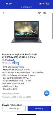 Laptop mới PhongVu chưa sử dụng Acer Aspire 5