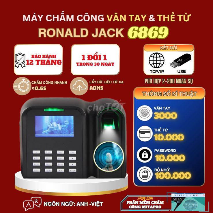 Máy chấm công Vân tay & Thẻ từ Ronald Jack 6869