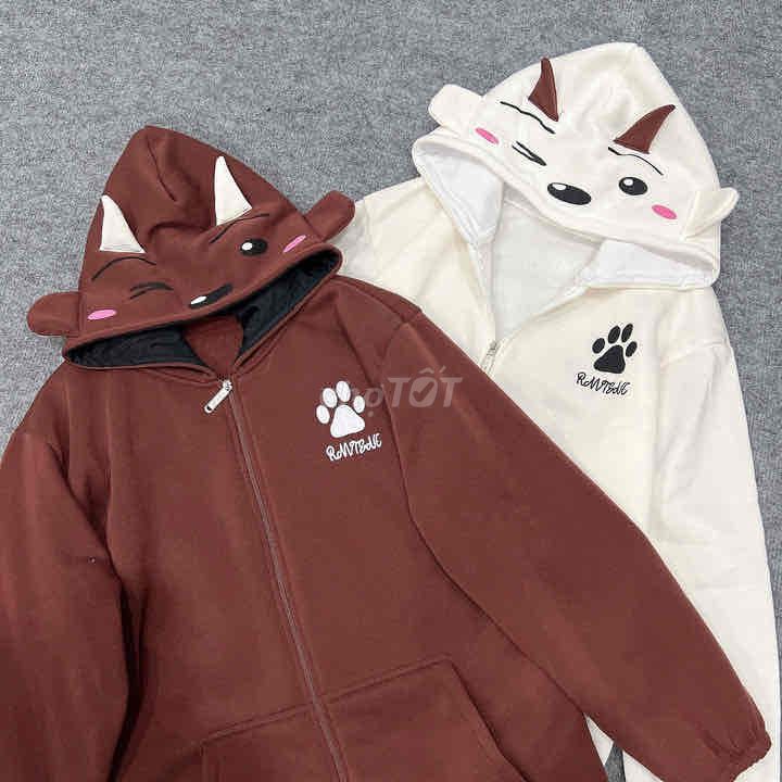 ÁO KHOÁC HOODIE NỮ IN CHÂN MÈO CÓ NÓN 2 SỪNG