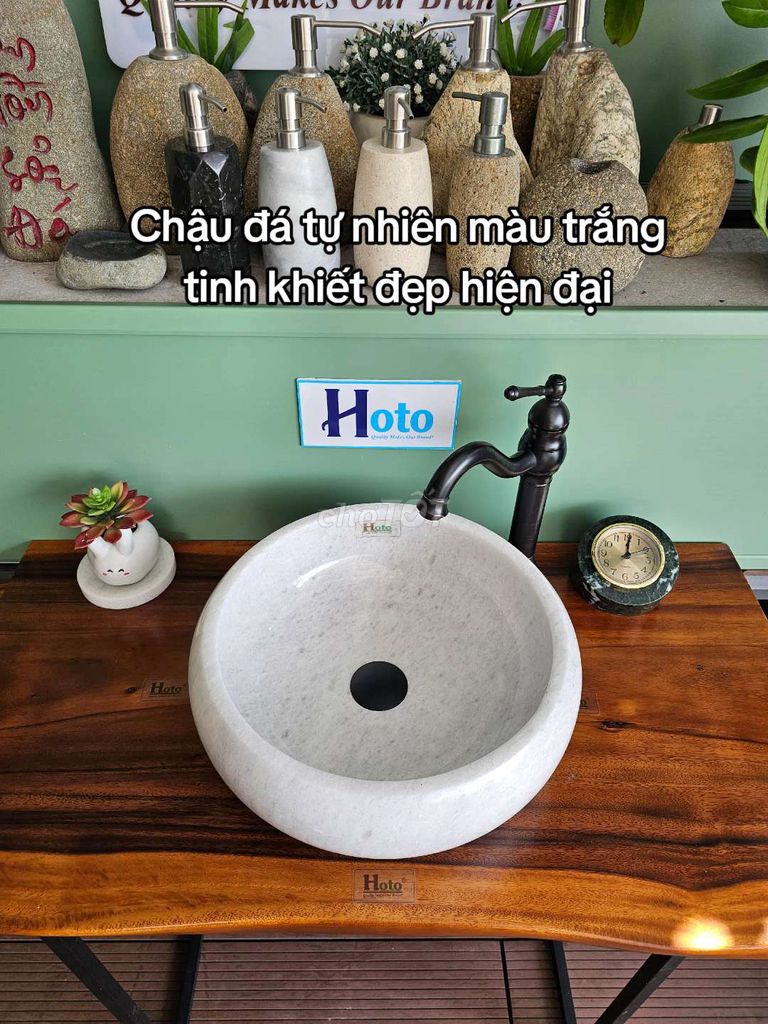 Lavabo đá tự nhiên màu trắng tròn bầu HDE - B01