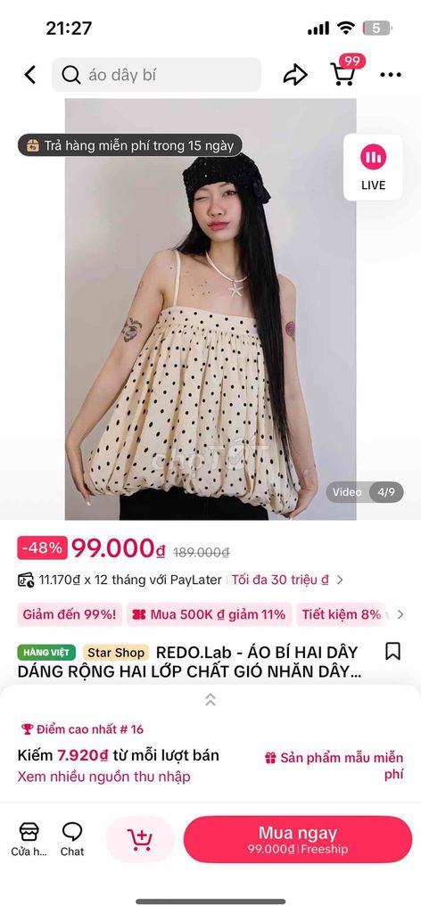 Áo hai dây Nữ Gió chấm bi. Mua bán Quần áo tại Huyện Tân Hưng Long An được đăng bởi Lam hình 1