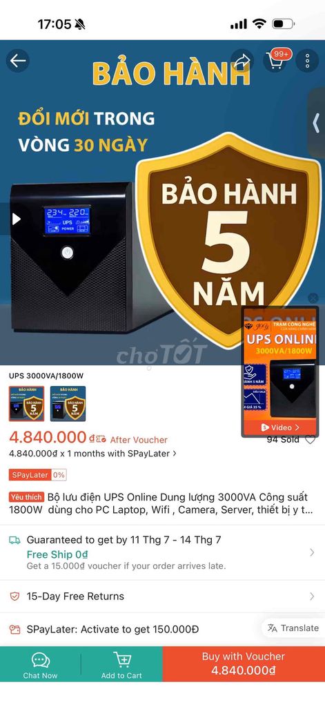 Bộ lưu điện UPS 3000VA 1800W Đen Mới 100%. Mua bán Phụ kiện (Màn hình, Chuột...) tại Thành phố Đà Lạt Lâm Đồng được đăng bởi Irina hình 1