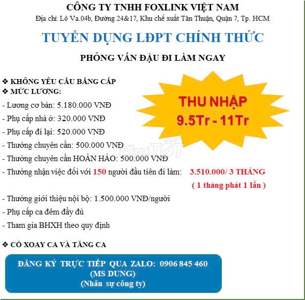 [QUẬN 7]FOXLINK KCX TÂN THUẬN TUYỂN CÔNG NHÂN LĐPT