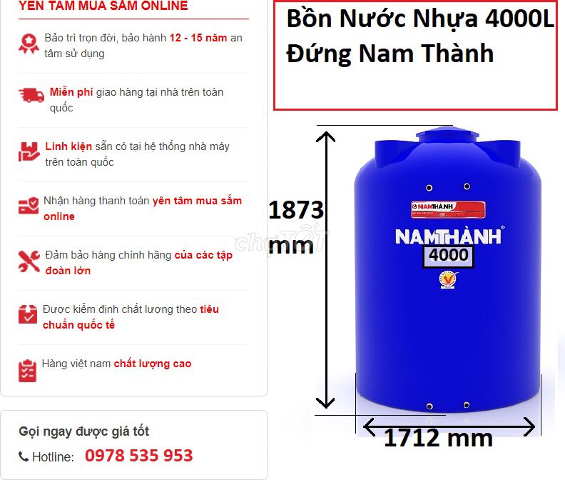 Bồn nước Nam Thành 4000L Nhựa Đứng Xanh. Mua bán Thiết bị vệ sinh, nhà tắm tại Huyện Củ Chi Tp Hồ Chí Minh được đăng bởi Kho bồn nước cũ hình 1