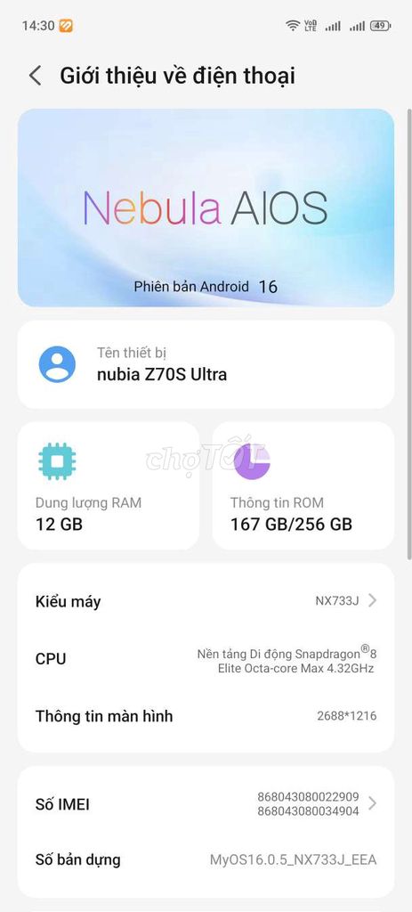 Nubia Z70S Ultra 256GB 99%. Mua bán Điện thoại tại Quận Thanh Khê Đà Nẵng được đăng bởi Tiệp Nguyễn hình 1