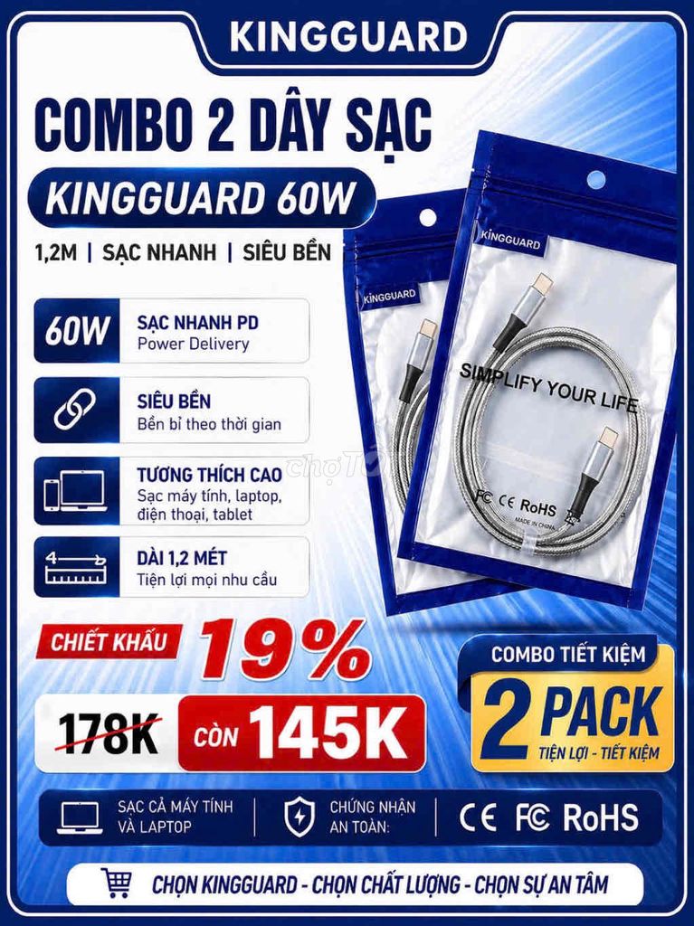 Combo 2 Cáp sạc KINGGUARD Type-C 1.2m. Mua bán Phụ kiện (Màn hình, Chuột...) tại Huyện Vĩnh Bảo Hải Phòng được đăng bởi KINGGUARD STORE hình 1