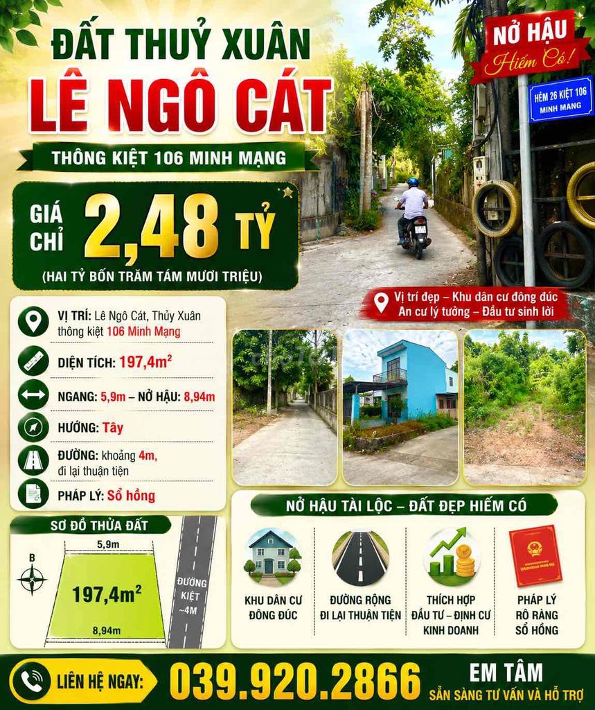 Đất Thuỷ Xuân - Lê Ngô Cát 198m giá chỉ 2tỷ 480tr