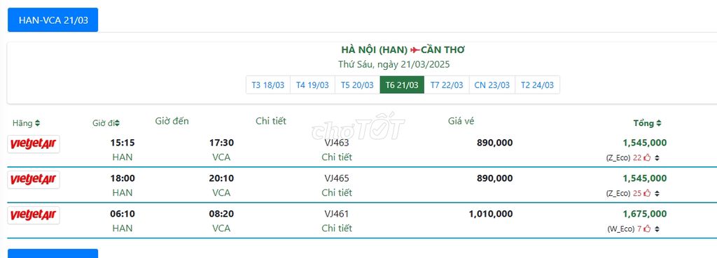 HÀ NỘI (HAN) CẦN THƠ Thứ Sáu, ngày 21/03/2025
