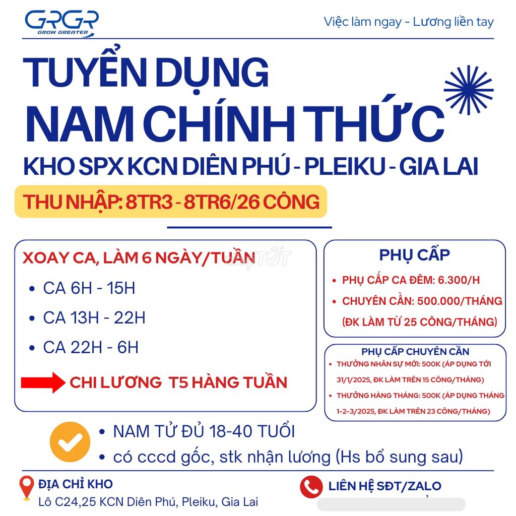 TUYỂN NAM FULL-TIME KHO SPX LƯƠNG TUẦN