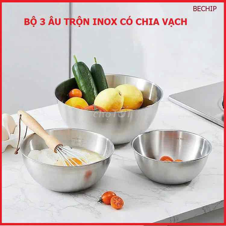 BỘ 3 THAU INOX CÓ CHIA VẠCH, SET 3 ÂU TRỘN INOX CÓ