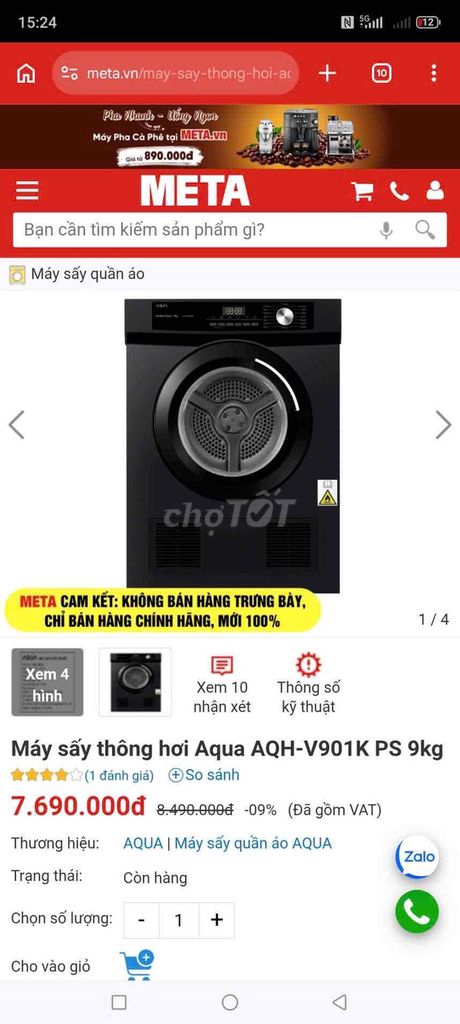 Máy sấy AQUA AQH-V901K PS 9kg. Mua bán Máy giặt tại Quận Ninh Kiều Cần Thơ được đăng bởi Quỳnh  hình 1