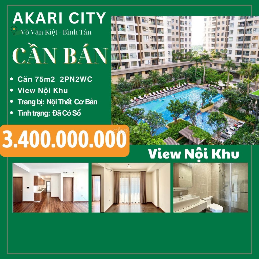 Cần Bán Căn 75m2 2PN2WC Akari City, Sổ Hồng Riêng, Tầng Trung, Nội Khu