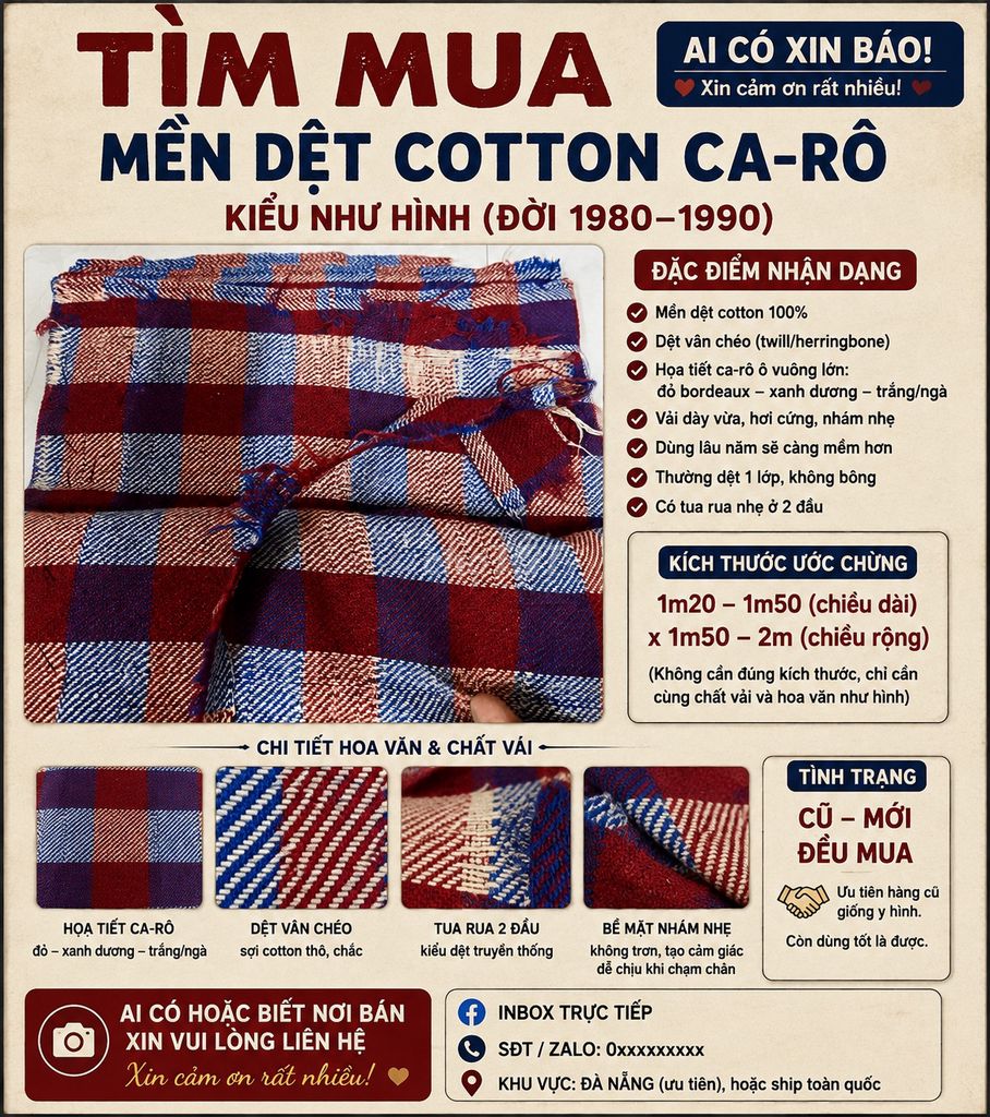 TÌM MUA MỀN DỆT COTTON CA-RÔ ĐỜI CŨ (1980–1990). Mua bán Giường, chăn ga gối nệm tại Quận Thanh Khê Đà Nẵng được đăng bởi An Nam hình 1