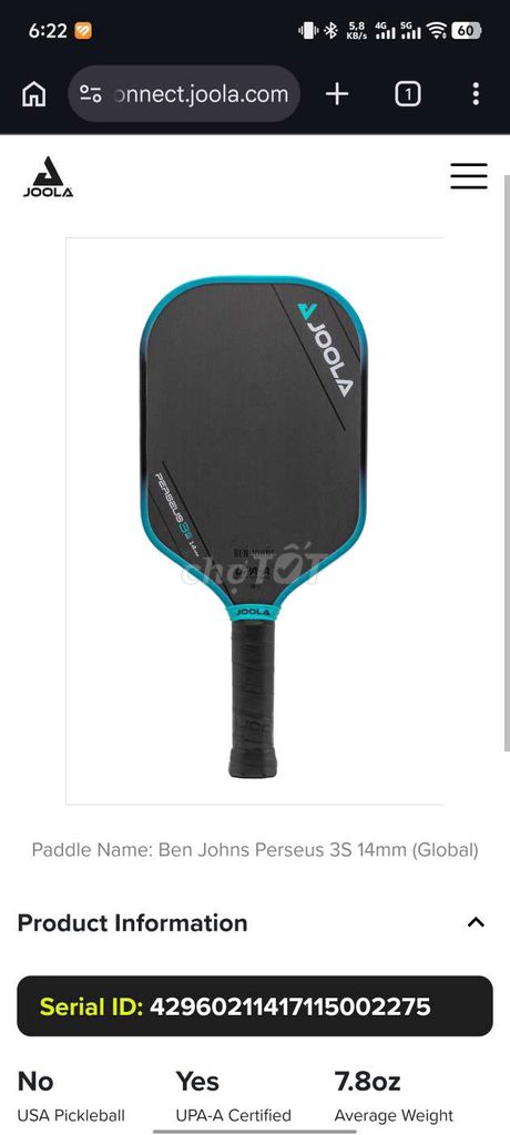 Vợt Pickleball Joola Ben Johns Perseus 3S 14mm. Mua bán Đồ thể thao, Dã ngoại tại Huyện An Dương Hải Phòng được đăng bởi QT Store hình 1