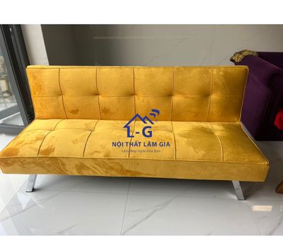 sofa giường vải nhung vàng - sofa giường sale tết